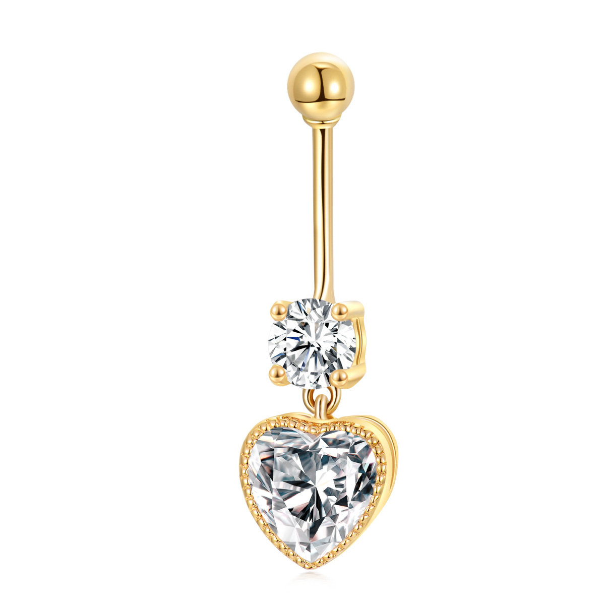 10K Yellow Gold Milgrain Heart Cz Dangle Belly Button Ring For Women-1