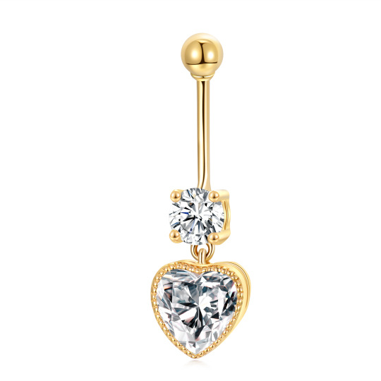 14K Yellow Gold Milgrain Heart Cz Dangle Belly Button Ring For Women