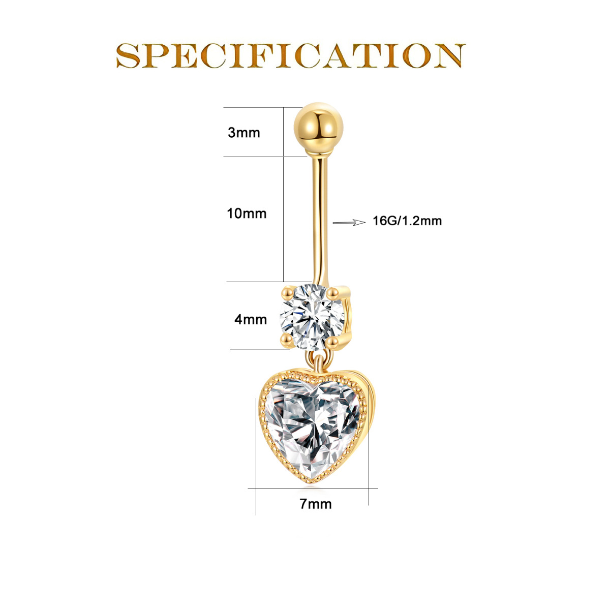 10K Yellow Gold Milgrain Heart Cz Dangle Belly Button Ring For Women-5