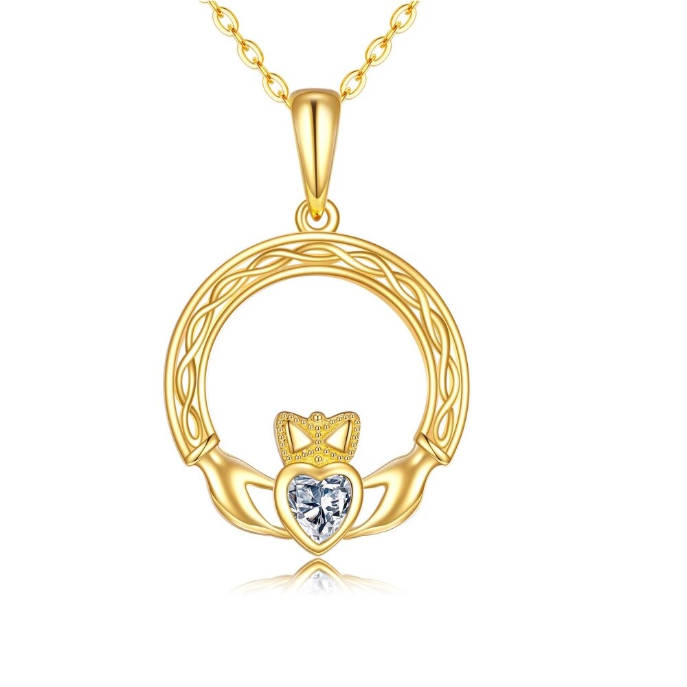 10K Gold Heart Cubic Zirconia Celtic Knot Pendant Necklace For Women-1