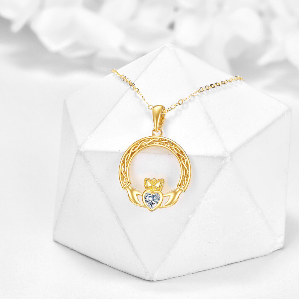 10K Gold Heart Cubic Zirconia Celtic Knot Pendant Necklace For Women-3