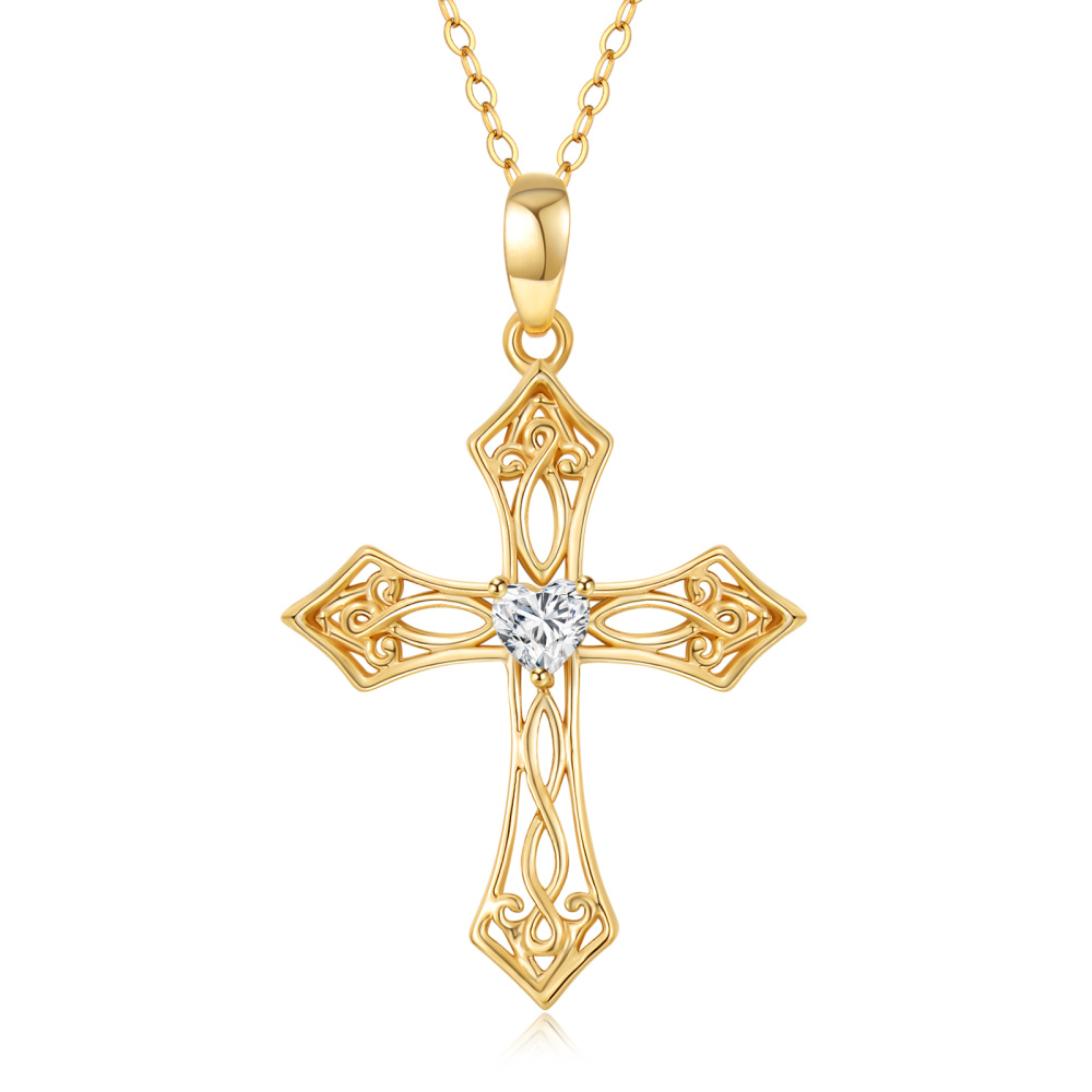 10K Gold Heart Shaped Cubic Zirconia Cross Pendant Necklace-1