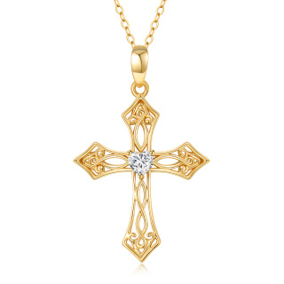 10K Gold Heart Shaped Cubic Zirconia Cross Pendant Necklace-18