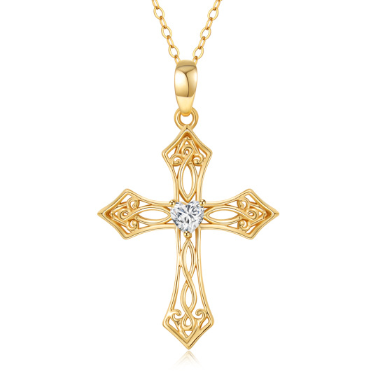 Collier en or 14K avec pendentif croix en forme de coeur en zircon cubique