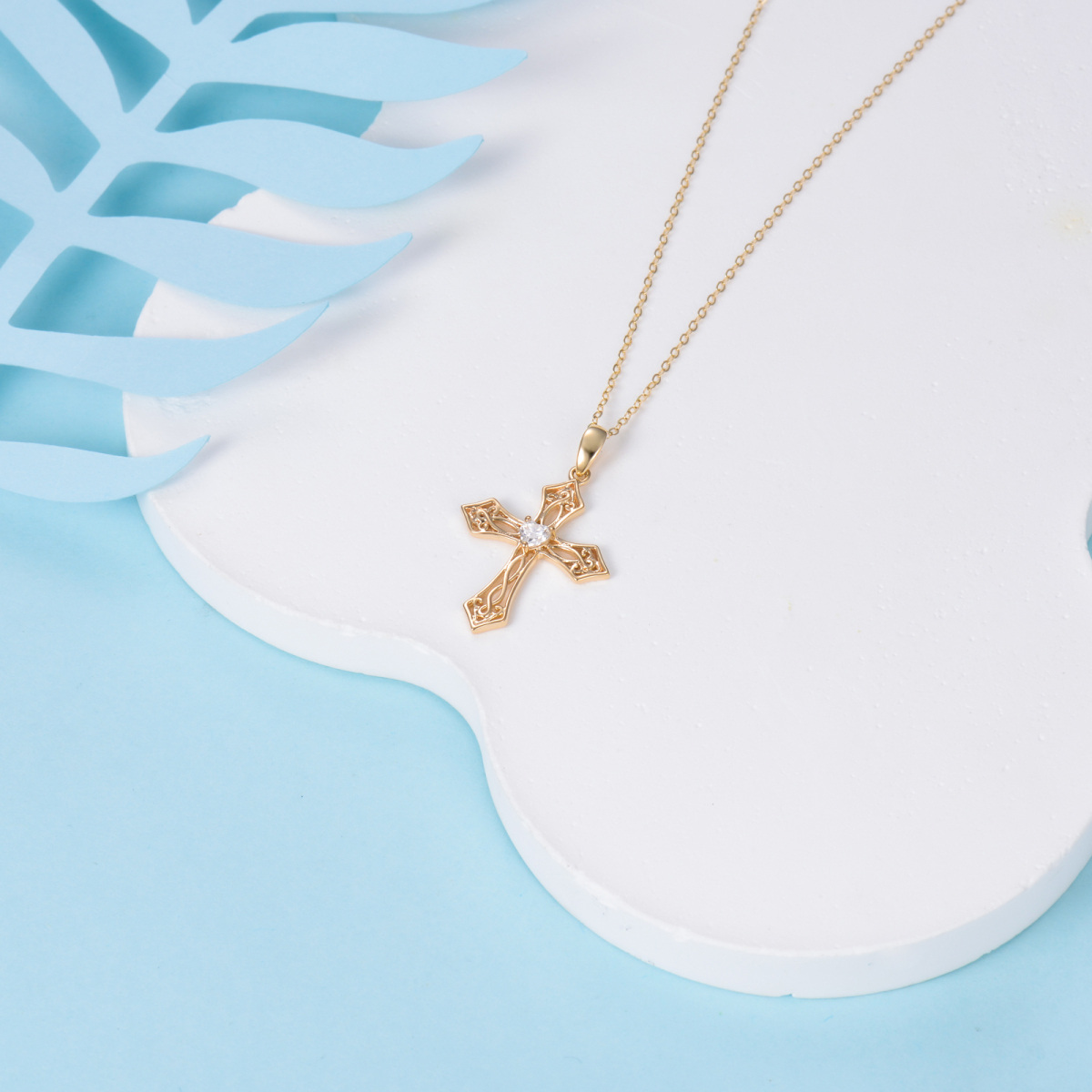 14K Gold Heart Shaped Cubic Zirconia Cross Pendant Necklace-4