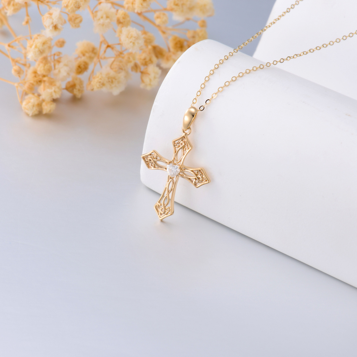 14K Gold Heart Shaped Cubic Zirconia Cross Pendant Necklace-5