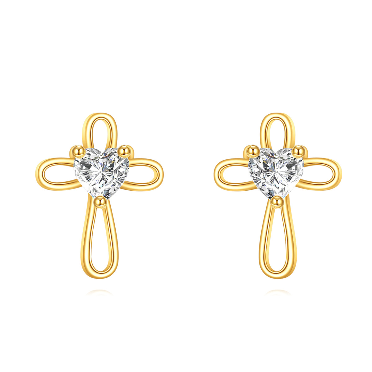 10K Gold Heart Shaped Cubic Zirconia Cross Stud Earrings-1