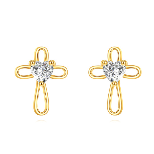 Boucles d'oreilles croix en or 14K avec zircon cubique en forme de coeur