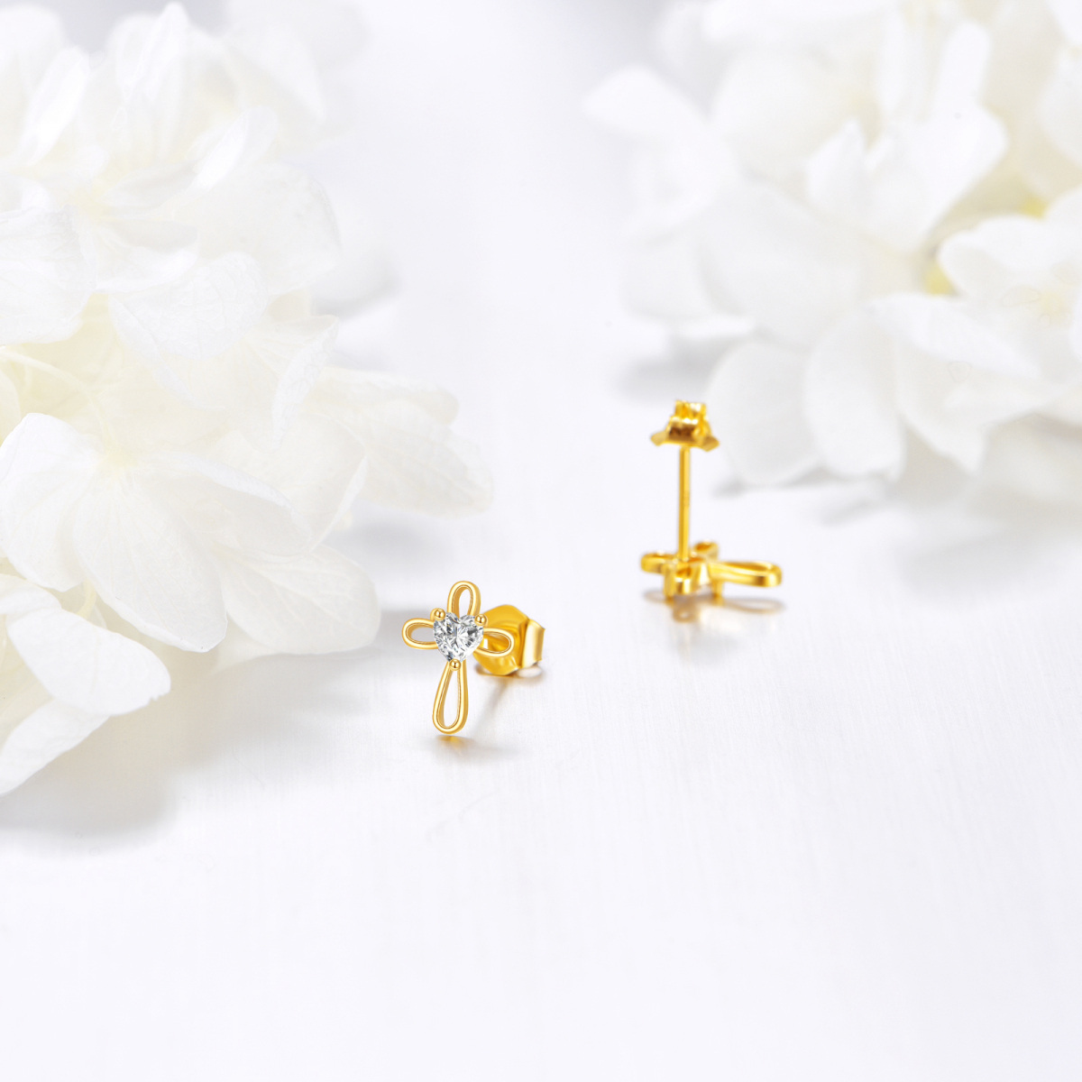 10K Gold Heart Shaped Cubic Zirconia Cross Stud Earrings-3