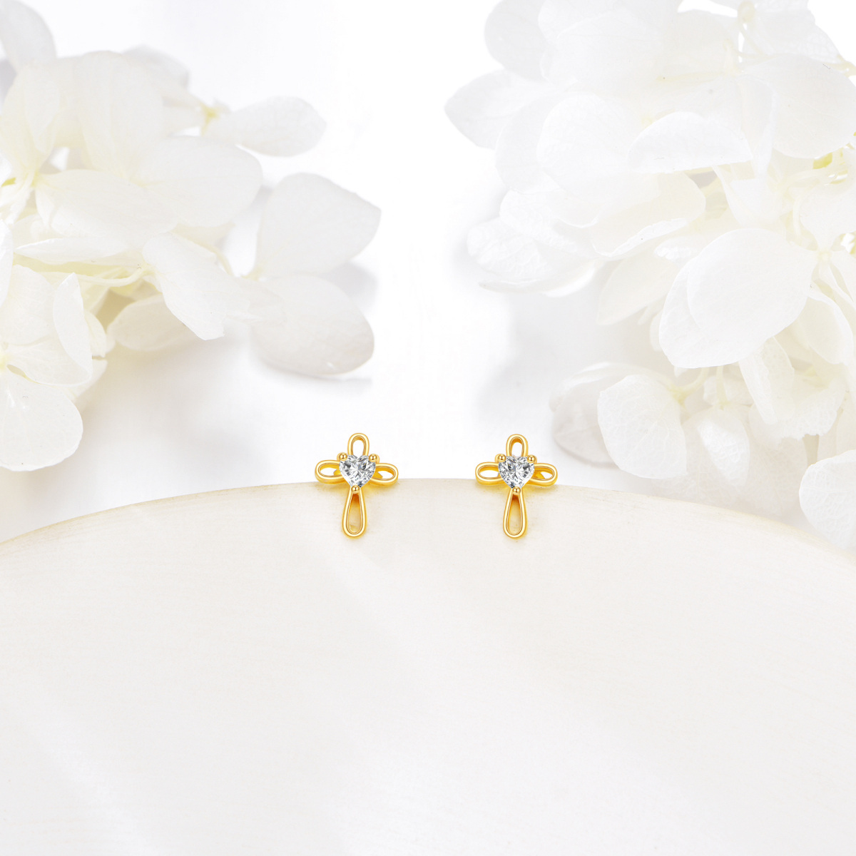 14K Gold Heart Shaped Cubic Zirconia Cross Stud Earrings-4