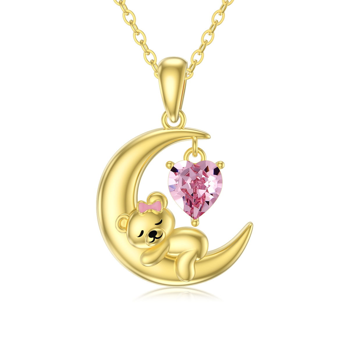 Collar Colgante Oso y Luna de Oro de 14K en forma de Corazón de Cristal-1