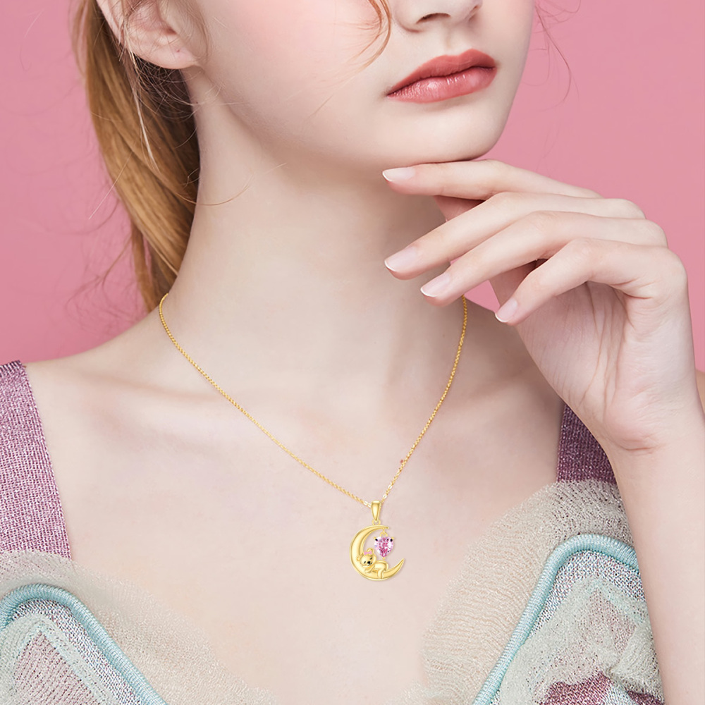 Collar Colgante Oso y Luna de Oro de 10K en forma de Corazón de Cristal-2