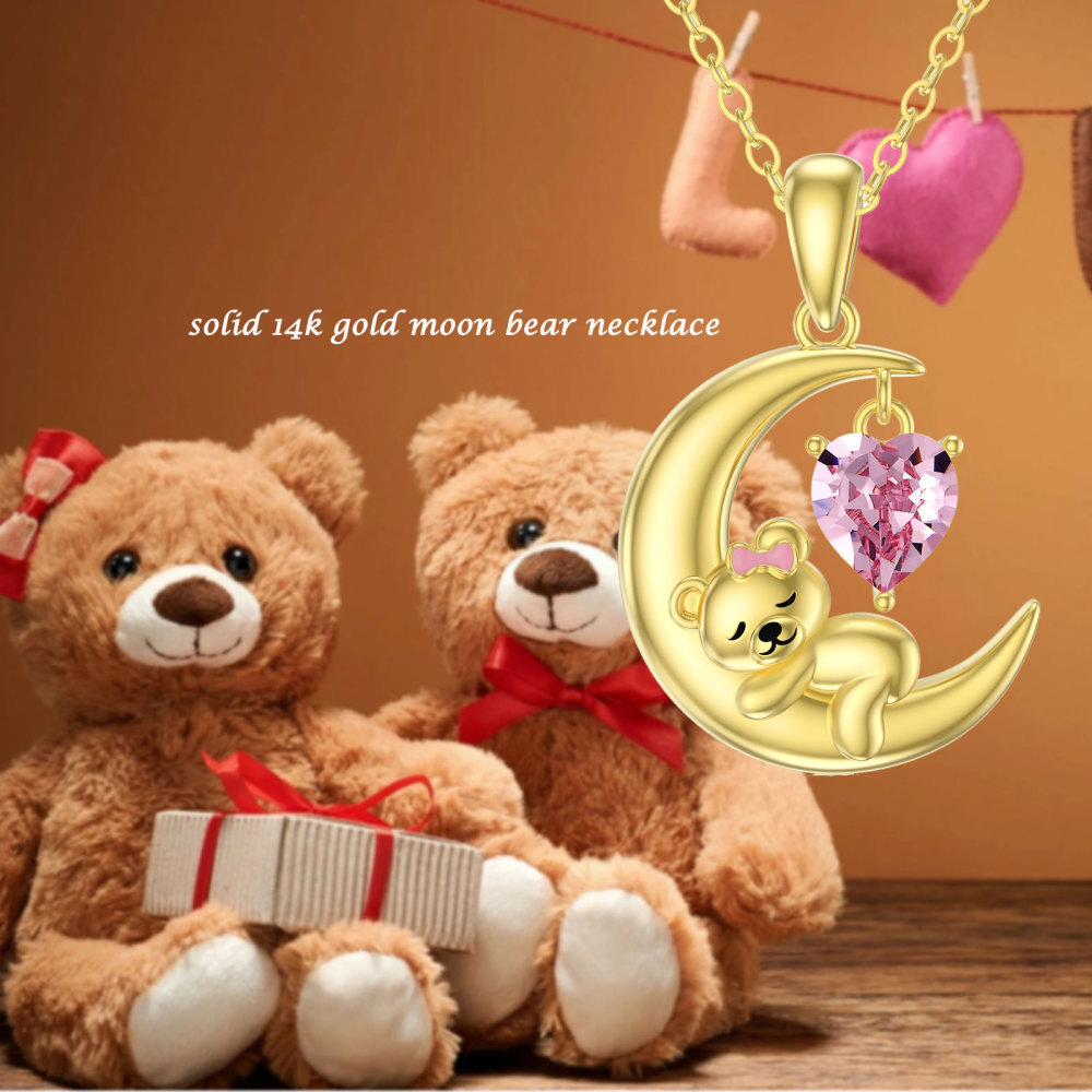 Collar Colgante Oso y Luna de Oro de 10K en forma de Corazón de Cristal-3