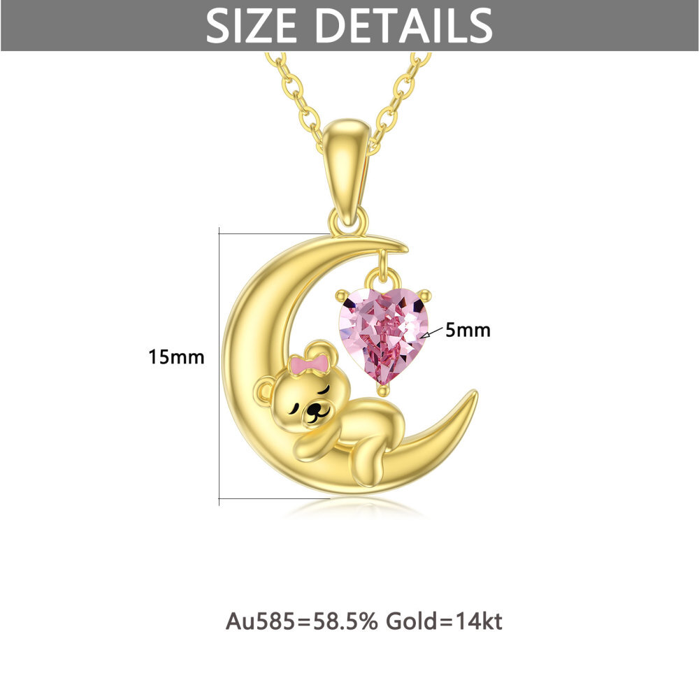 Collar Colgante Oso y Luna de Oro de 10K en forma de Corazón de Cristal-4
