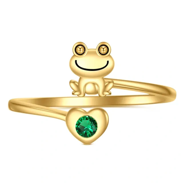 Bague ouverte en forme de grenouille et de cœur en cristal en or 14 carats pour femme