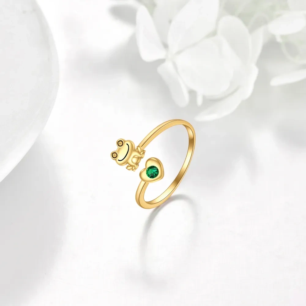 Bague ouverte en forme de grenouille et de cœur en cristal en or 14 carats pour femme-3