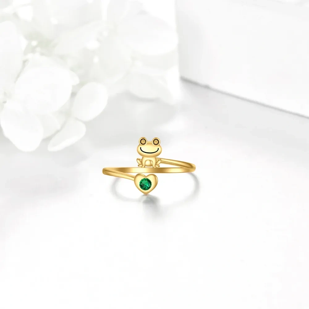 Bague ouverte en forme de grenouille et de cœur en cristal en or 14 carats pour femme-4