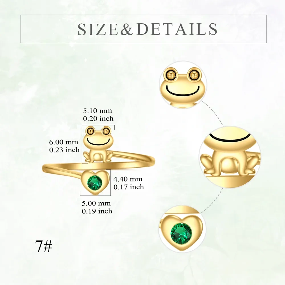 Bague ouverte en forme de grenouille et de cœur en cristal en or 14 carats pour femme-5