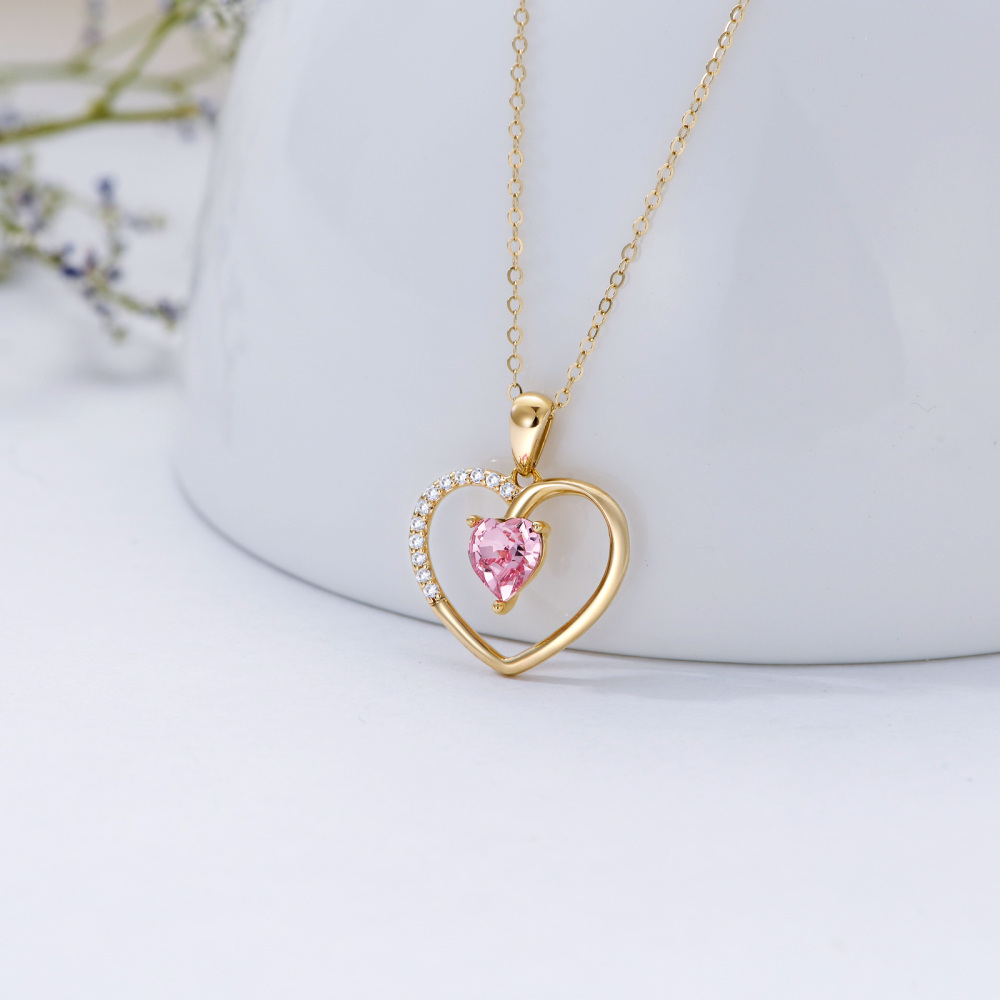 10K Gold Heart Crystal Pendant Necklace For Women-3