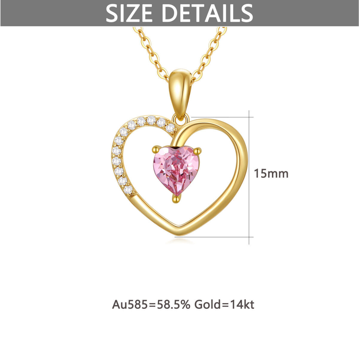 Collar con colgante de cristal de corazón de oro de 14 quilates para mujer-6