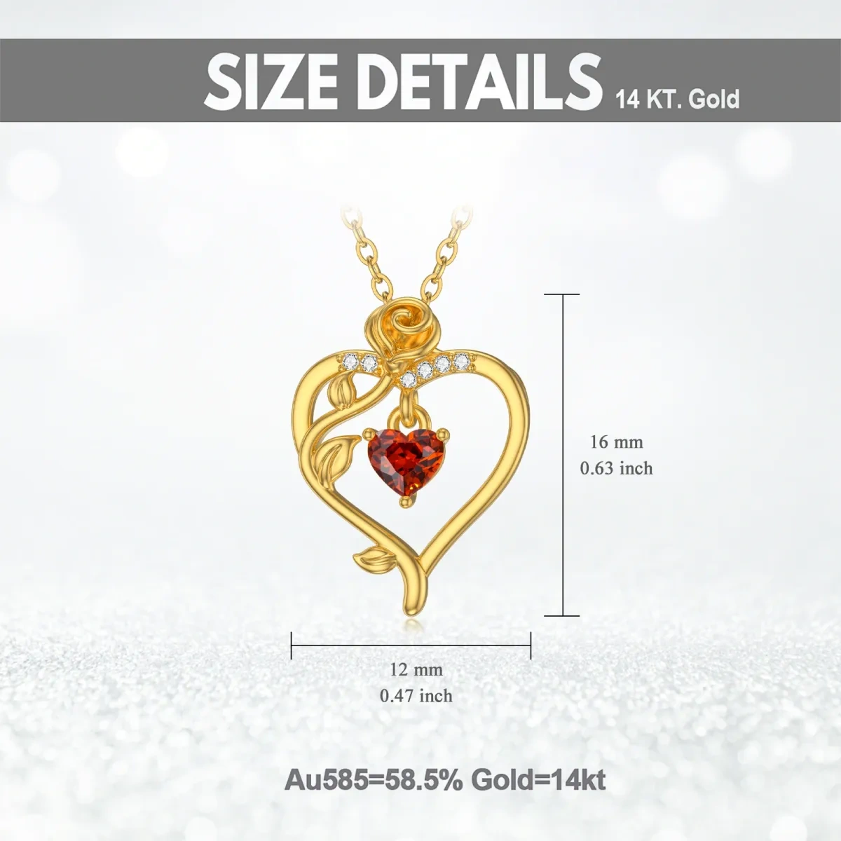 10K Gold Heart Crystal Rose Pendant Necklace For Women-5