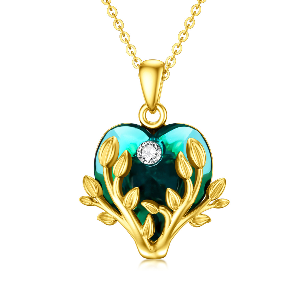 14K Gold Heart Shaped Crystal Tree Of Life Pendant Necklace-1