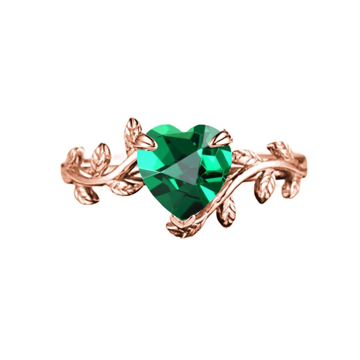 14K Rose Gold Heart Emerald Ivy Ring for Women-1