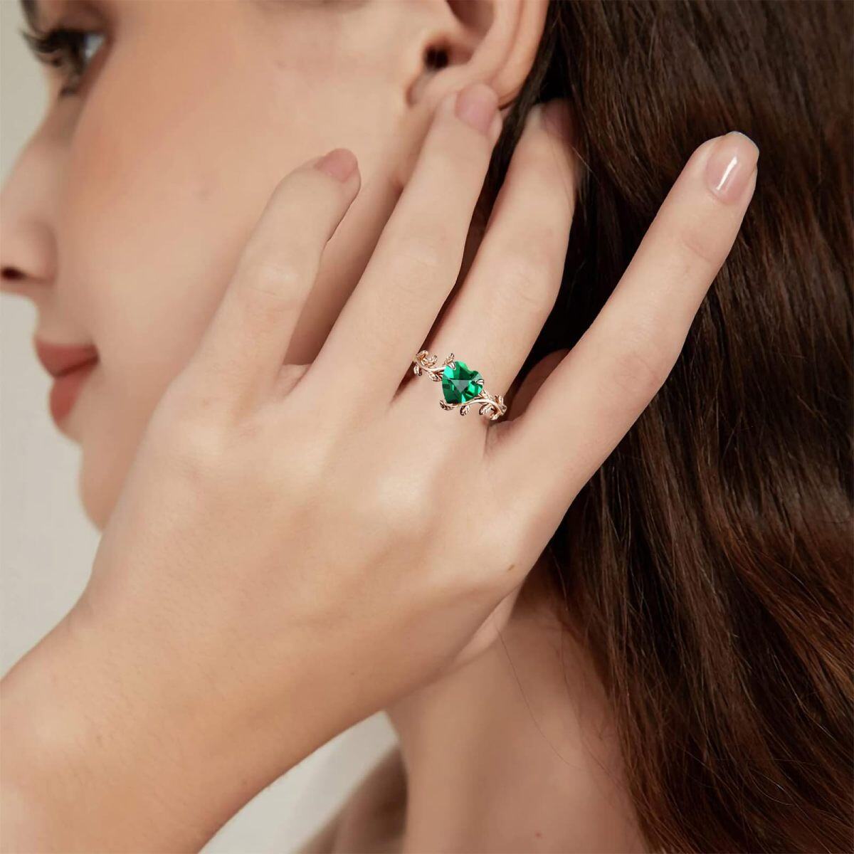 14K Rose Gold Heart Emerald Ivy Ring for Women-2