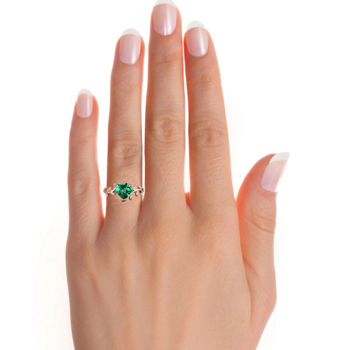 10K Rose Gold Heart Emerald Ivy Ring for Women-4