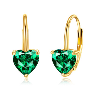 14K Gold Heart Emerald Lever-Back Earrings For Women-3