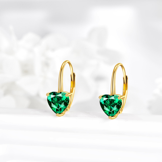 14K Gold Heart Shaped Emerald Heart Lever-back Earrings-3