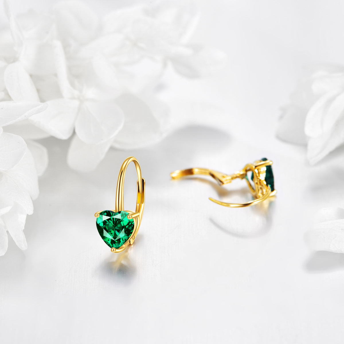 14K Gold Heart Shaped Emerald Heart Lever-back Earrings-4