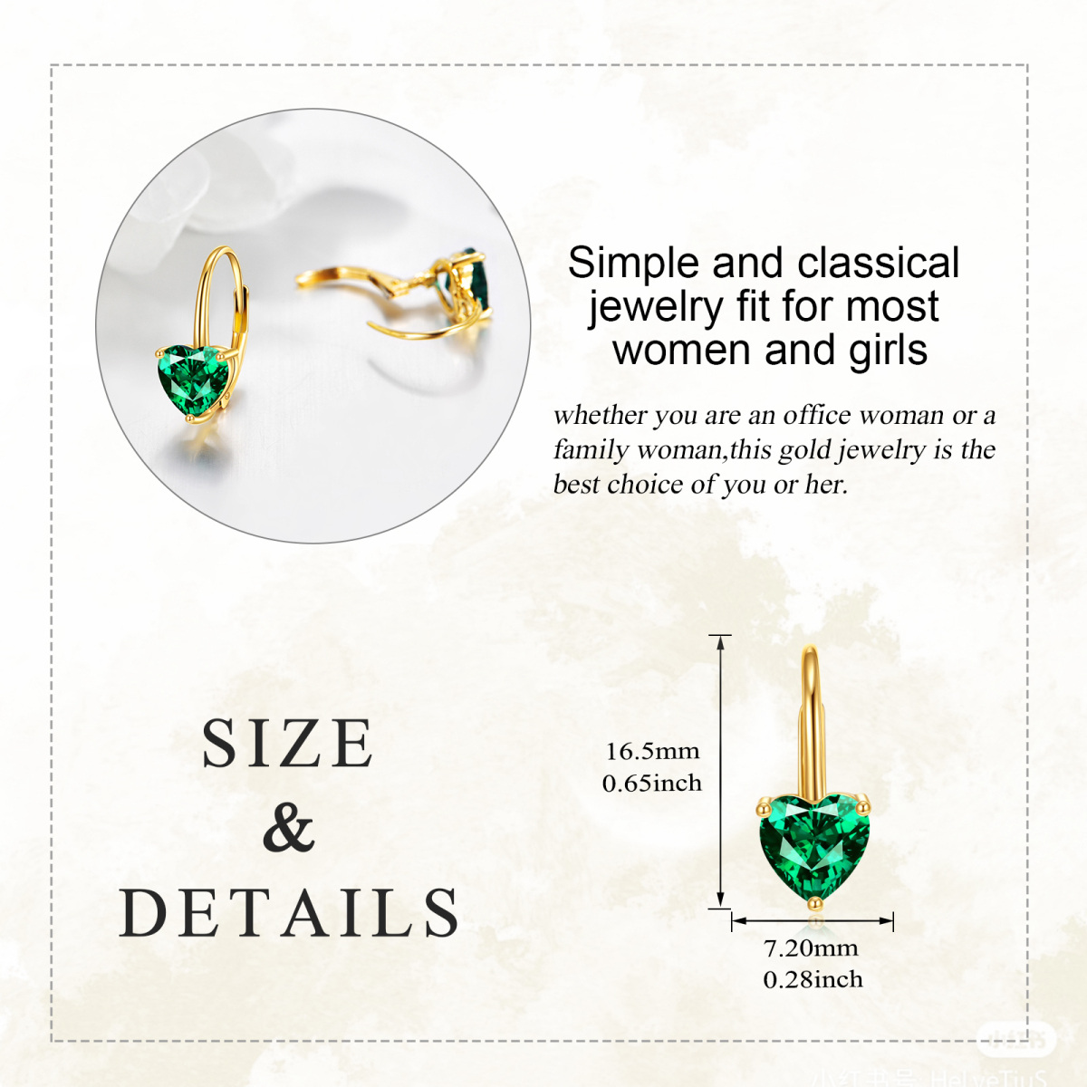 10K Gold Heart Emerald Lever-Back Earrings For Women-5