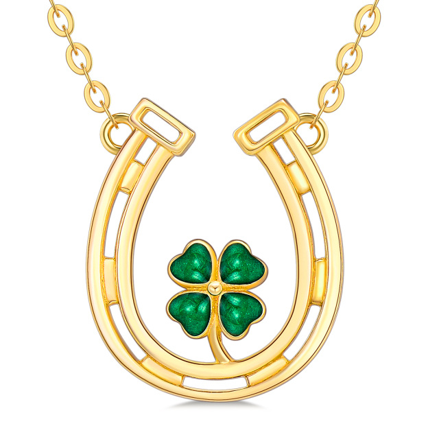 Collana con ciondolo a forma di cuore e quadrifoglio in oro 14K con zirconia cubica-1