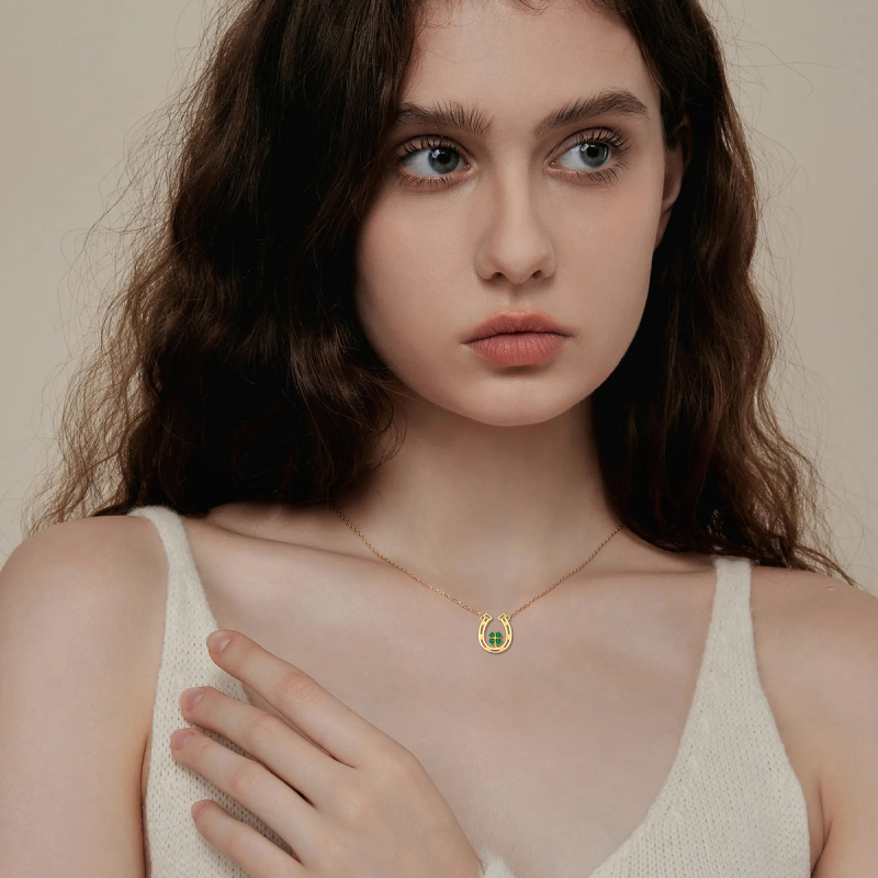 10K White Gold Heart Cut Cubic Zirconia Four Leaf Clover & Horseshoe Pendant Necklace-2