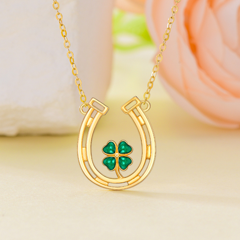 10K White Gold Heart Cut Cubic Zirconia Four Leaf Clover & Horseshoe Pendant Necklace-3