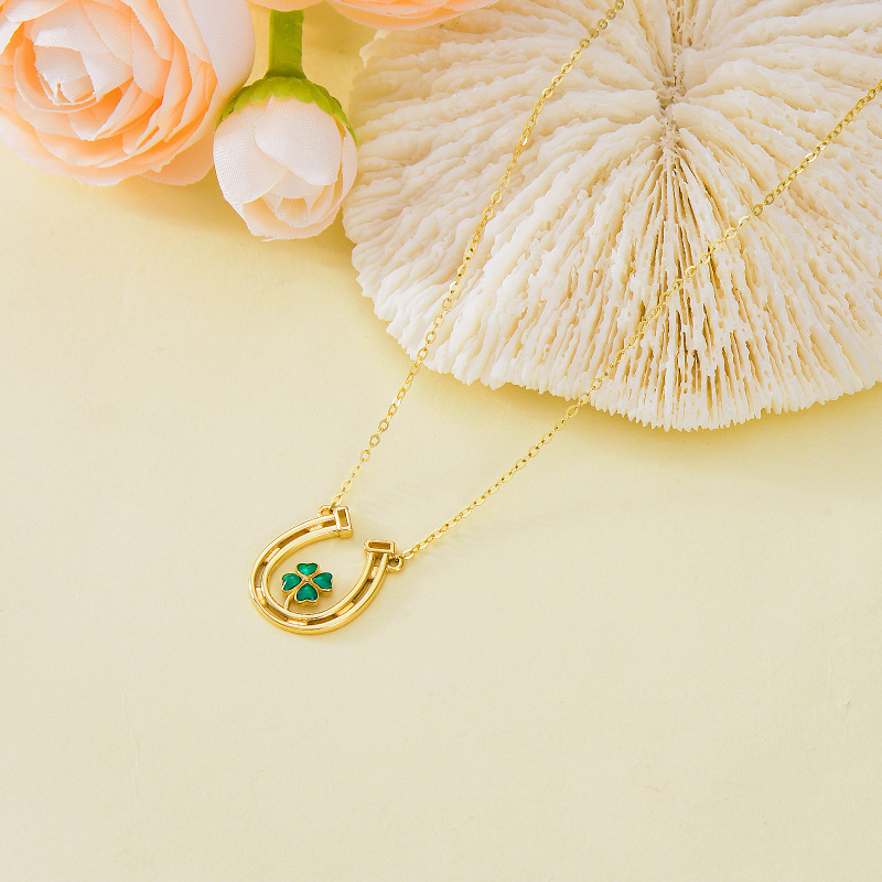 10K White Gold Heart Cut Cubic Zirconia Four Leaf Clover & Horseshoe Pendant Necklace-4