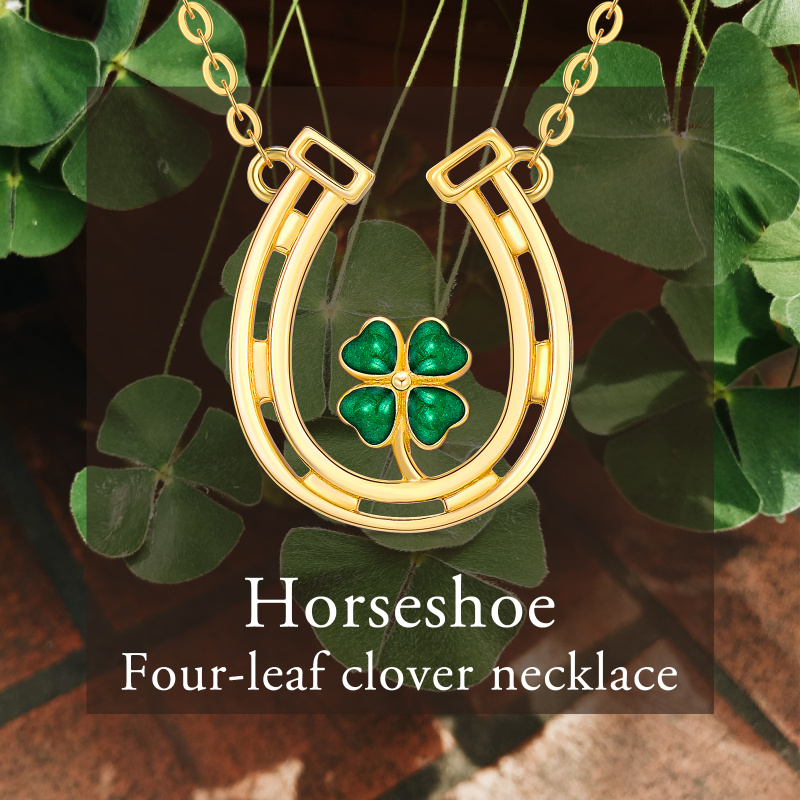 10K White Gold Heart Cut Cubic Zirconia Four Leaf Clover & Horseshoe Pendant Necklace-6
