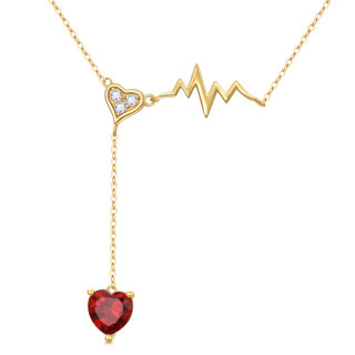 14K Gold Heart Garnet Electrocardiogram Pendant Necklace For Women-3