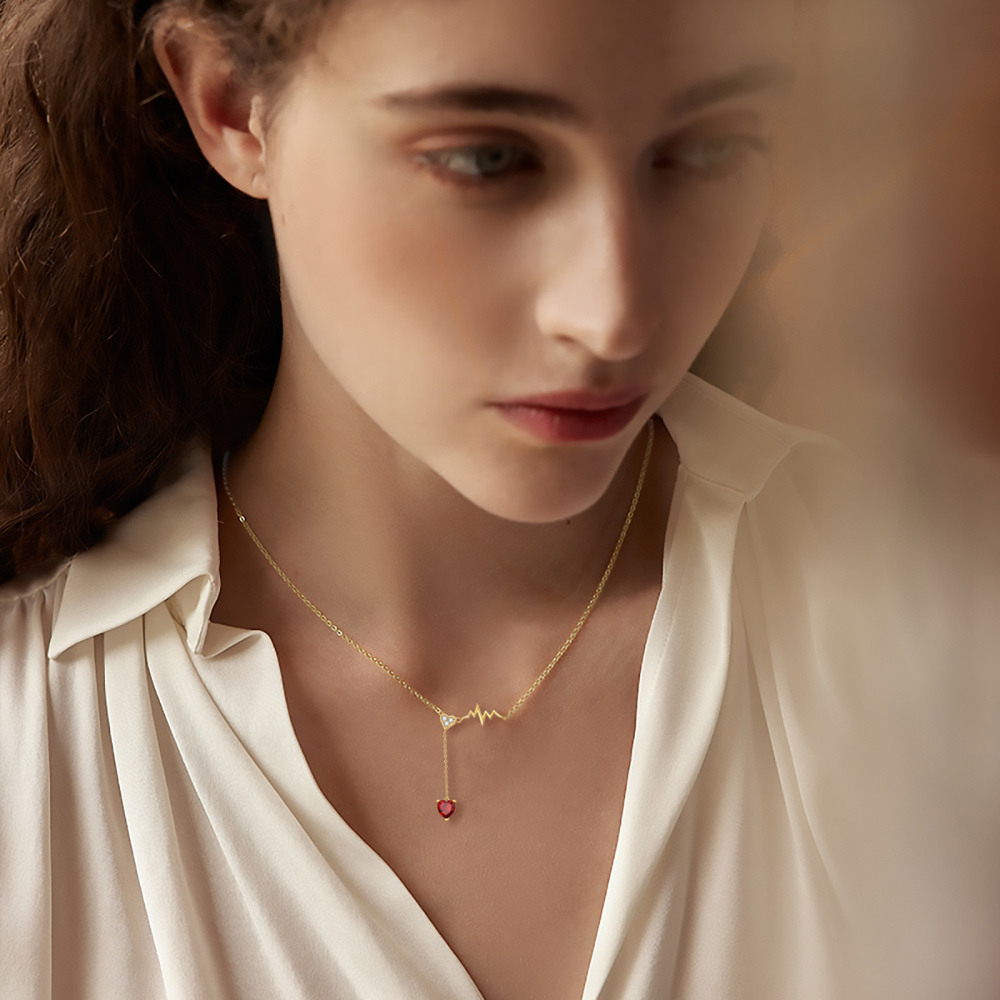 10K Gold Heart Garnet Electrocardiogram Pendant Necklace For Women-2