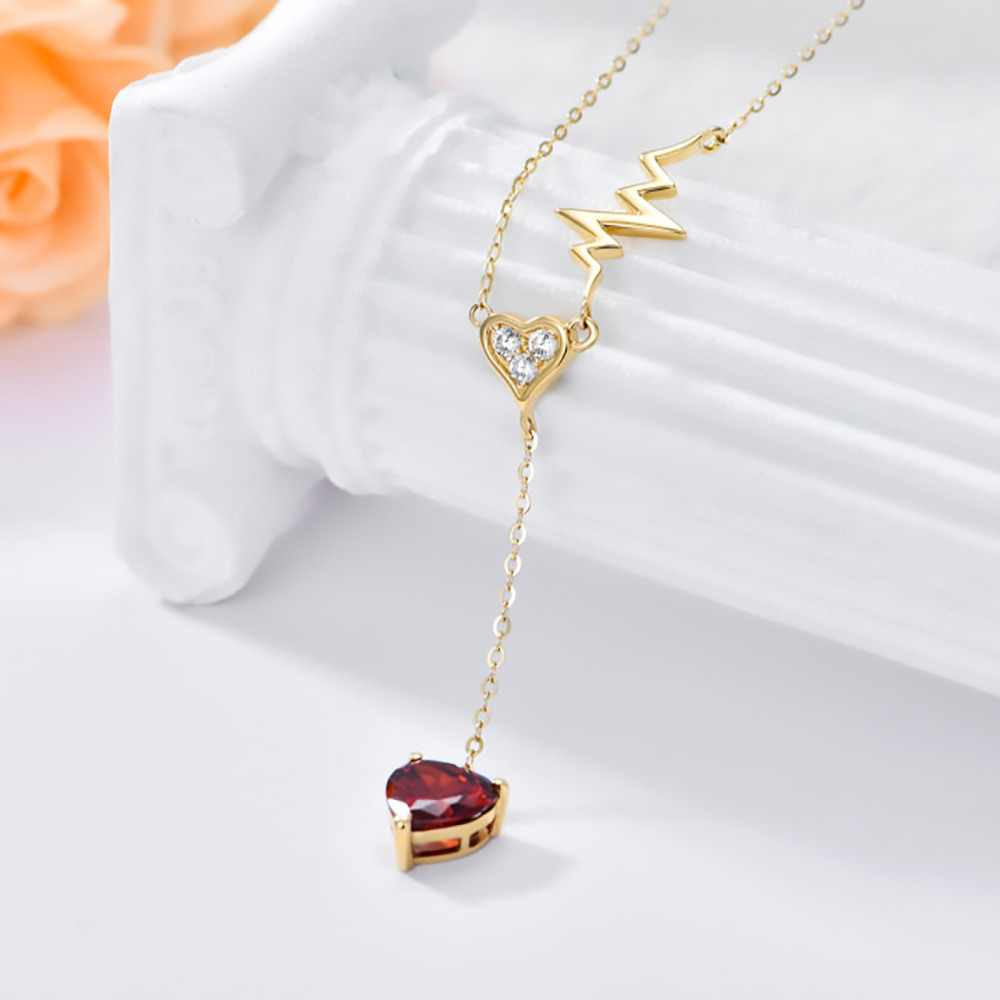 10K Gold Heart Garnet Electrocardiogram Pendant Necklace For Women-3