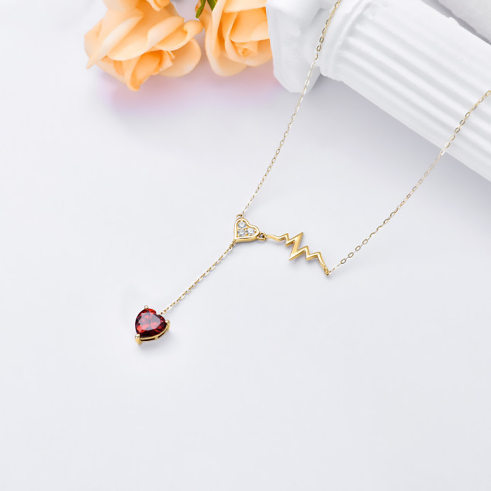 10K Gold Heart Garnet Electrocardiogram Pendant Necklace For Women-4