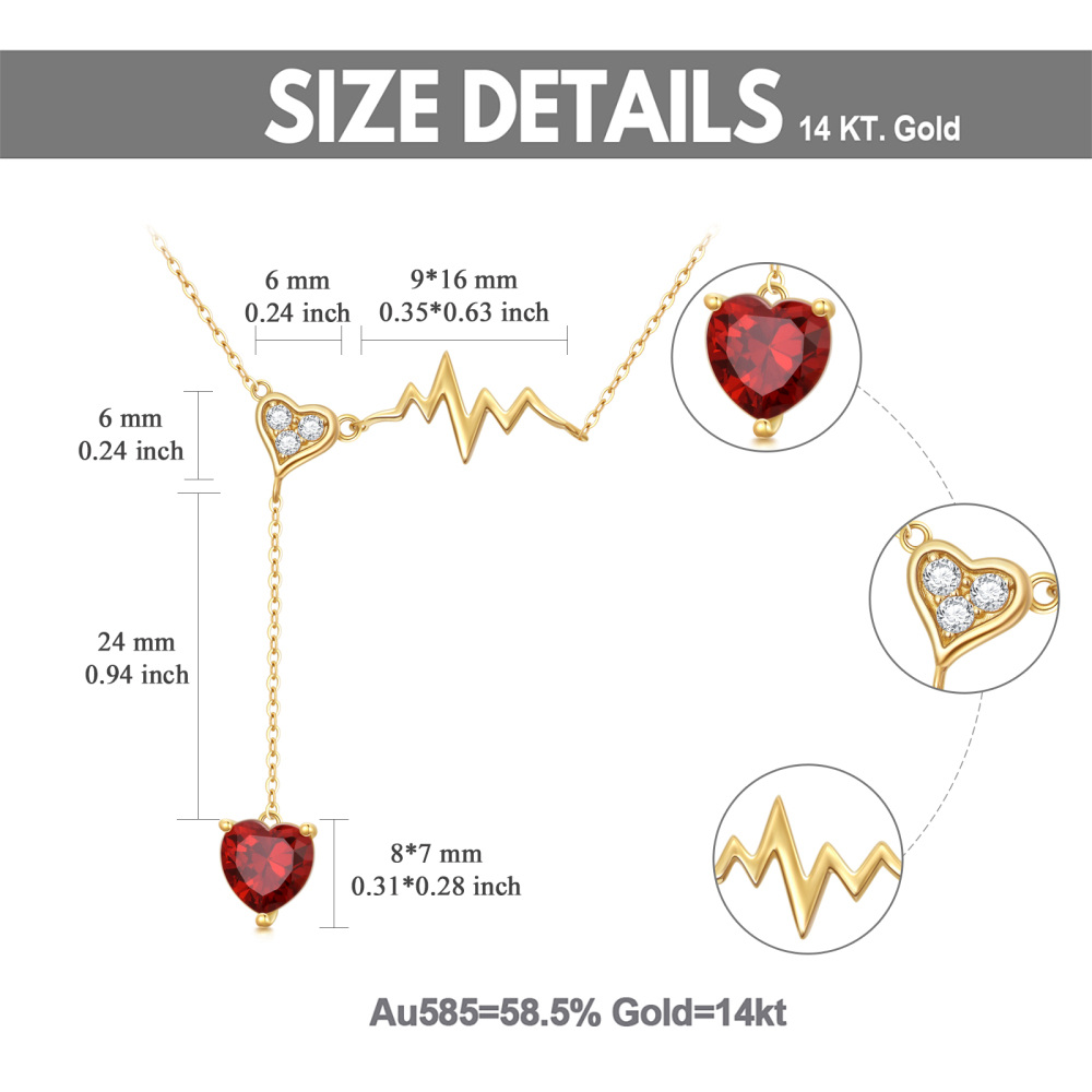 10K Gold Heart Garnet Electrocardiogram Pendant Necklace For Women-5