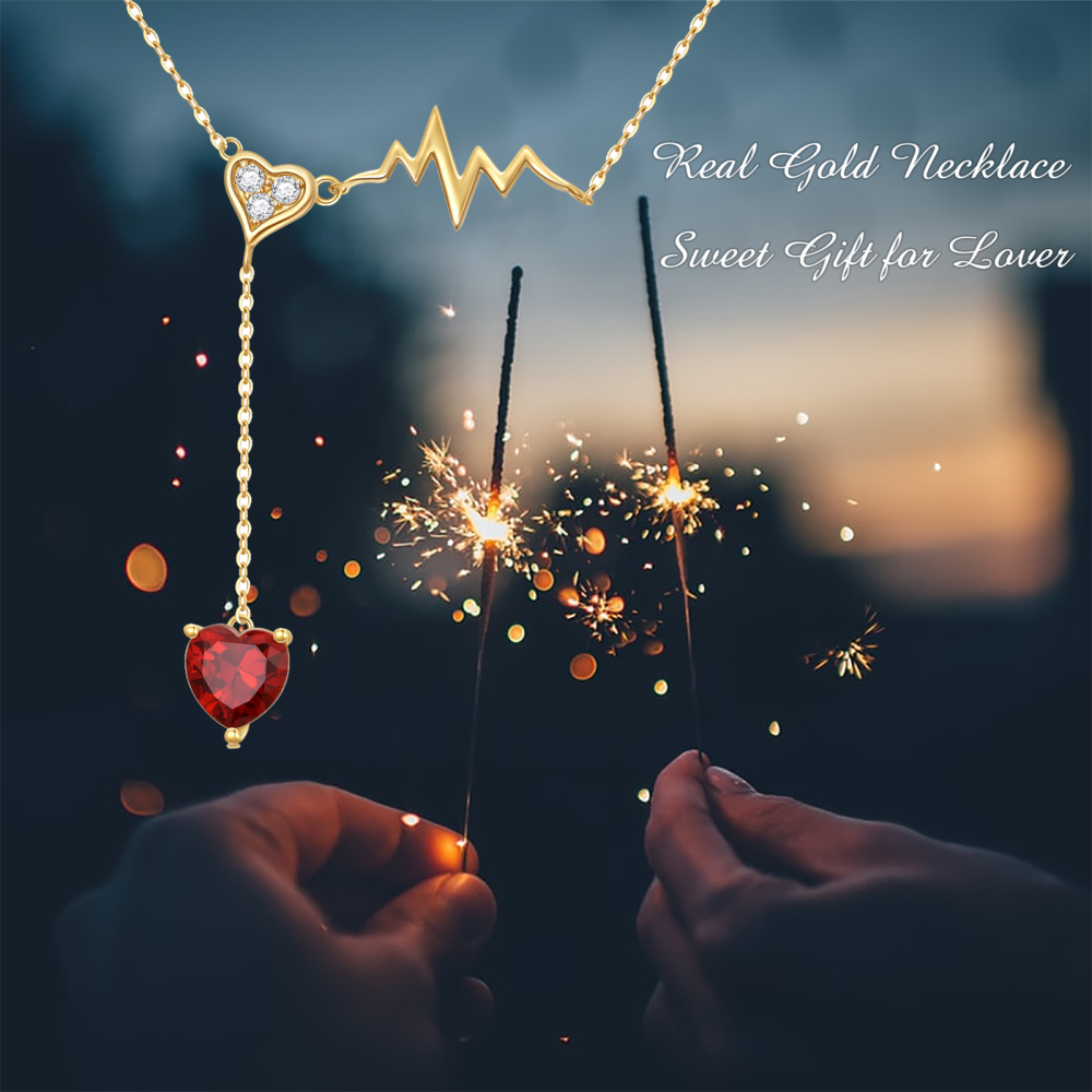 10K Gold Heart Garnet Electrocardiogram Pendant Necklace For Women-6