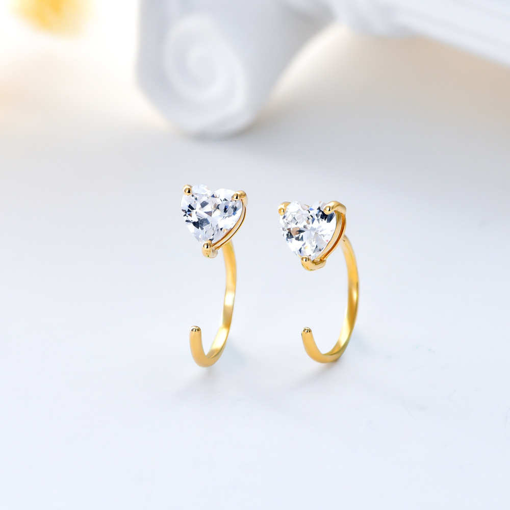 Pendientes de aro de oro de 14 quilates con forma de corazón y circonita cúbica para mujer-3