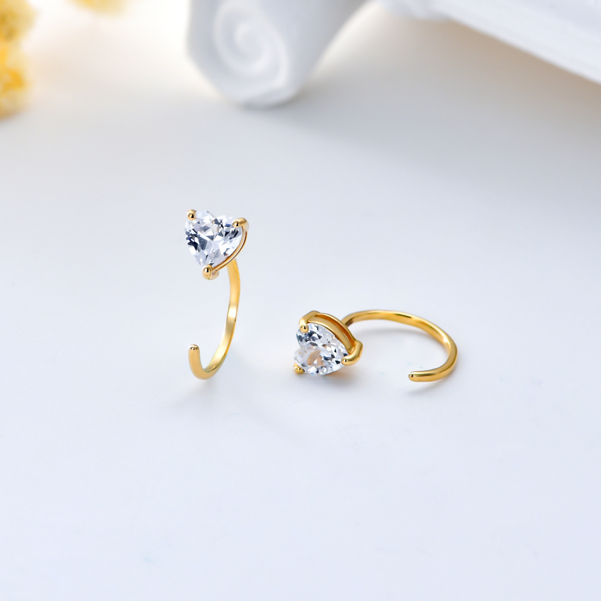 14K Gold Heart Shaped Cubic Zirconia Heart Hoop Earrings-4