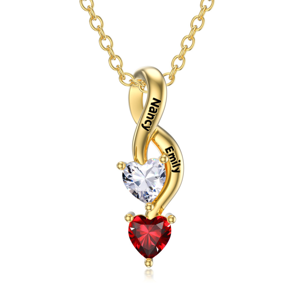 Collar con colgante de plata de ley chapada en oro con circonita cúbica tallada en forma de corazón y piedra de nacimiento personalizada con símbolo de infinito grabado.-1