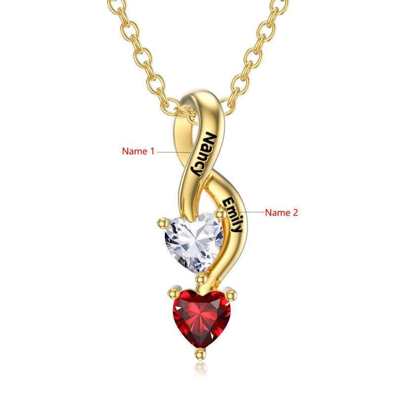 Collana con ciondolo simbolo infinito in argento sterling con zirconi cubici taglio cuore placcati in oro, pietra portafortuna personalizzata e incisione personalizzata.-3