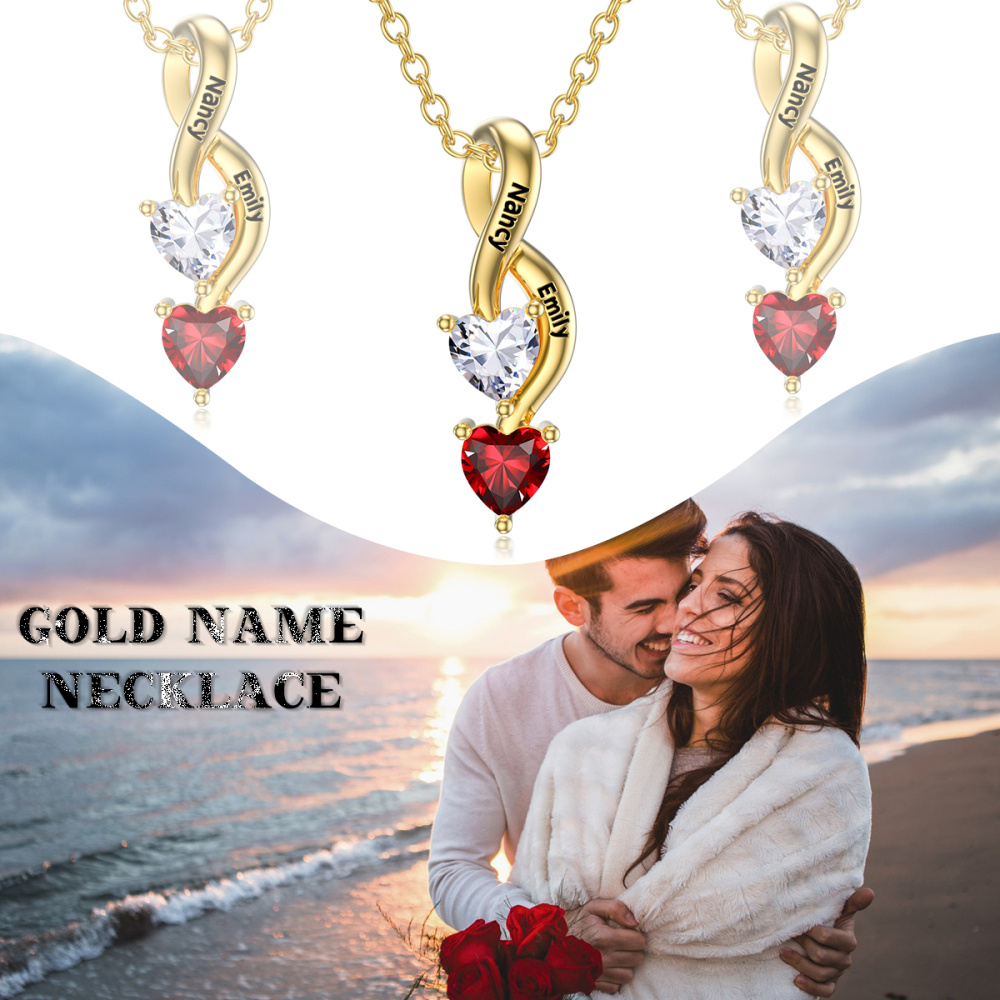 Collar con colgante de plata de ley chapada en oro con circonita cúbica tallada en forma de corazón y piedra de nacimiento personalizada con símbolo de infinito grabado.-4