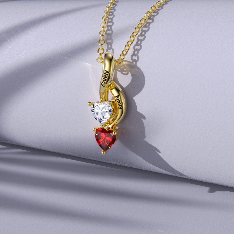 Collana con ciondolo simbolo infinito in argento sterling con zirconi cubici taglio cuore placcati in oro, pietra portafortuna personalizzata e incisione personalizzata.-5